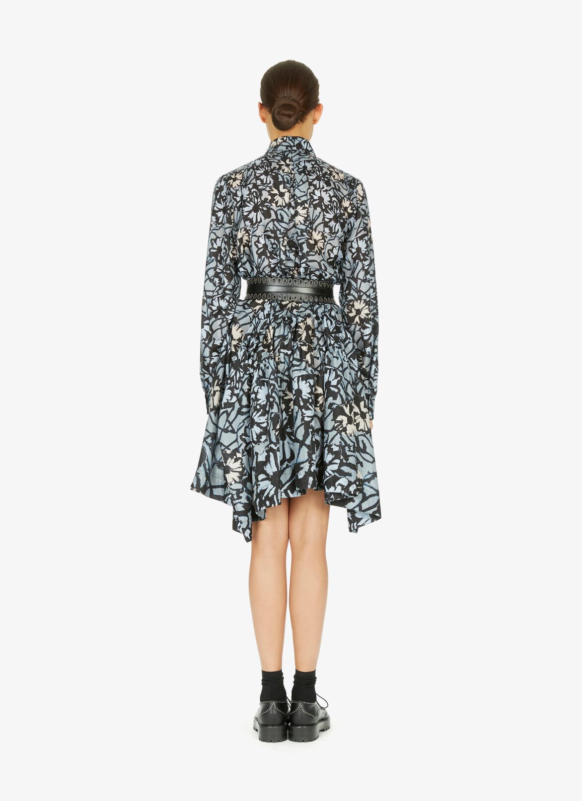 Printed habotai silk shirt-dress  ALAÏA BLACK/BLUE PRINTED HABOTAI SILK SHIRT-DRESS